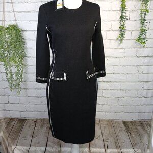 DKNY SWEATER SHEATH FITTED DRESS, BLACK WITH WHITE STITCHING, SIZE SMALL